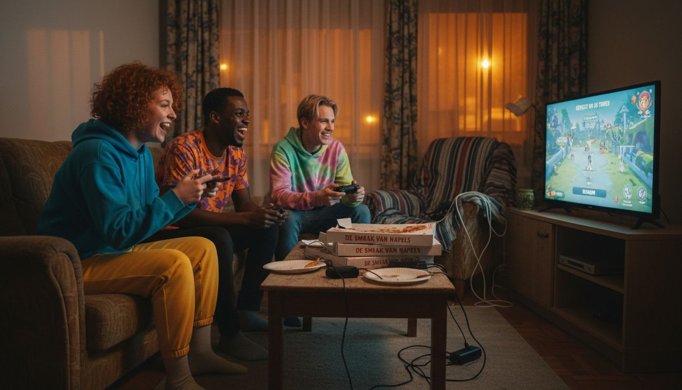 Een groep vrienden zit gezellig thuis samen een online spel te spelen.