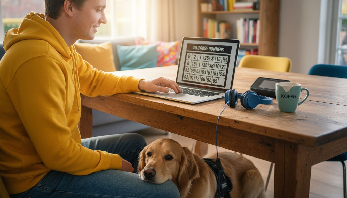 Een man speelt eenvoudig bingo via een gebruiksvriendelijk online platform op zijn laptop.