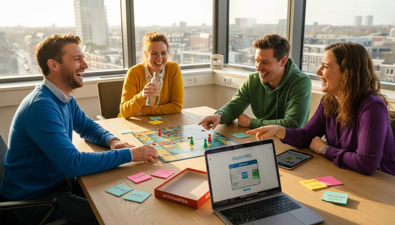 Collega’s spelen samen een bordspel op kantoor om hun teamwork te versterken.