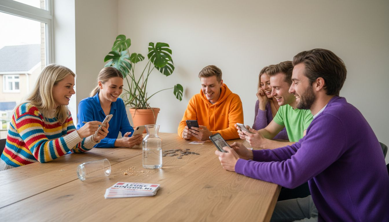 Een gezellige groep mensen zit samen aan tafel voor een potje bingoquiz.