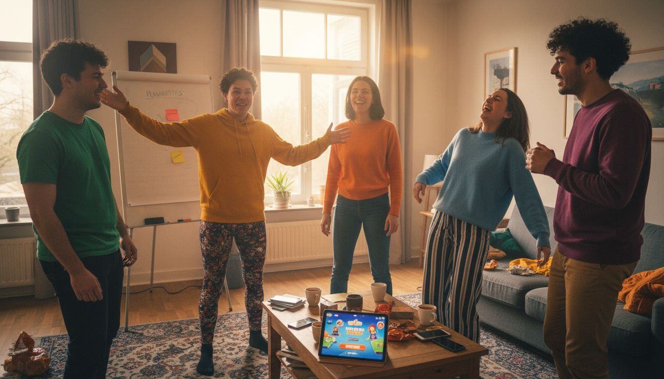 Het team oefent met dramaspelletjes in de vergaderruimte.