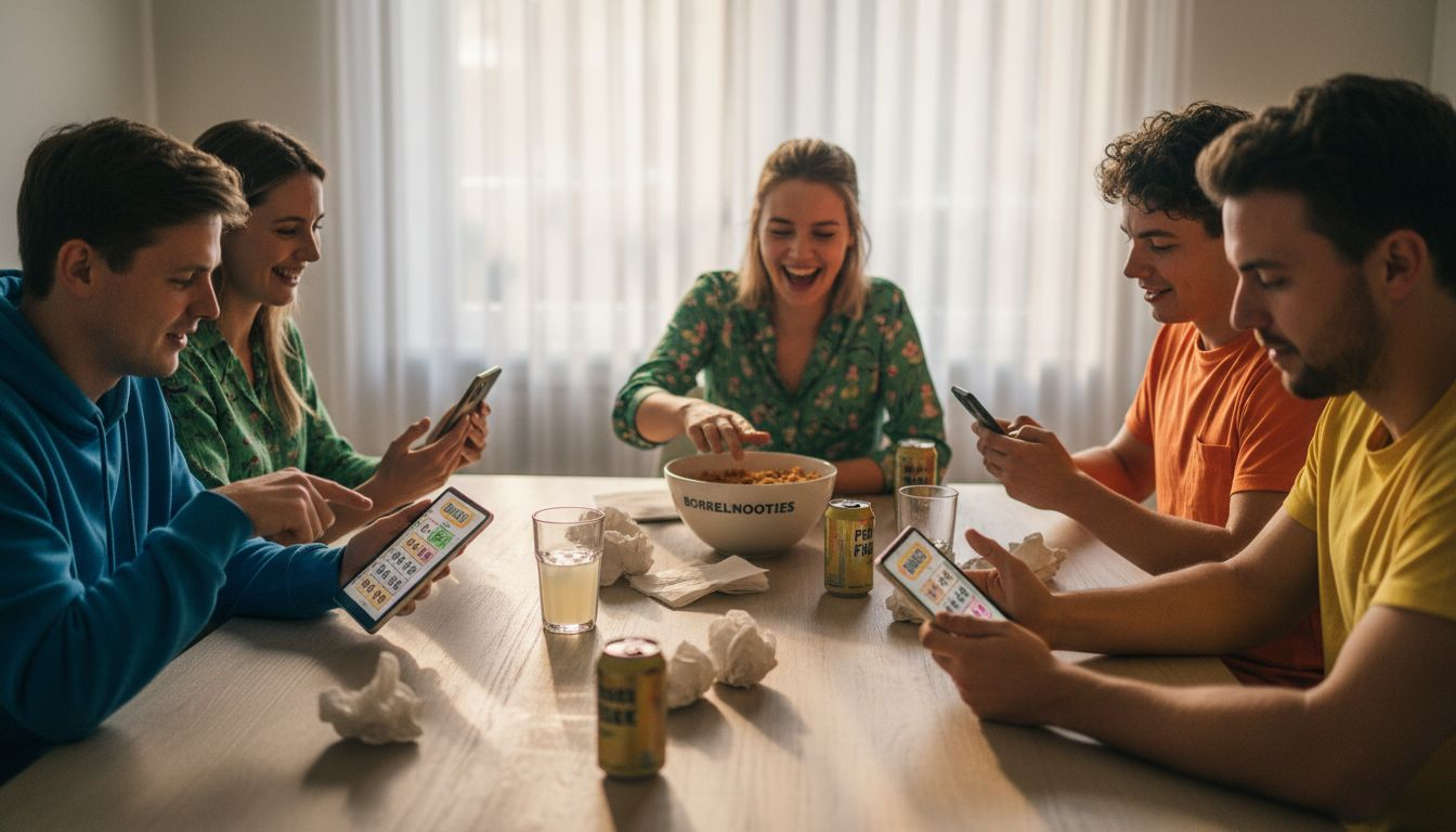Volwassenen zitten gezellig samen aan tafel en spelen digitale bingo.