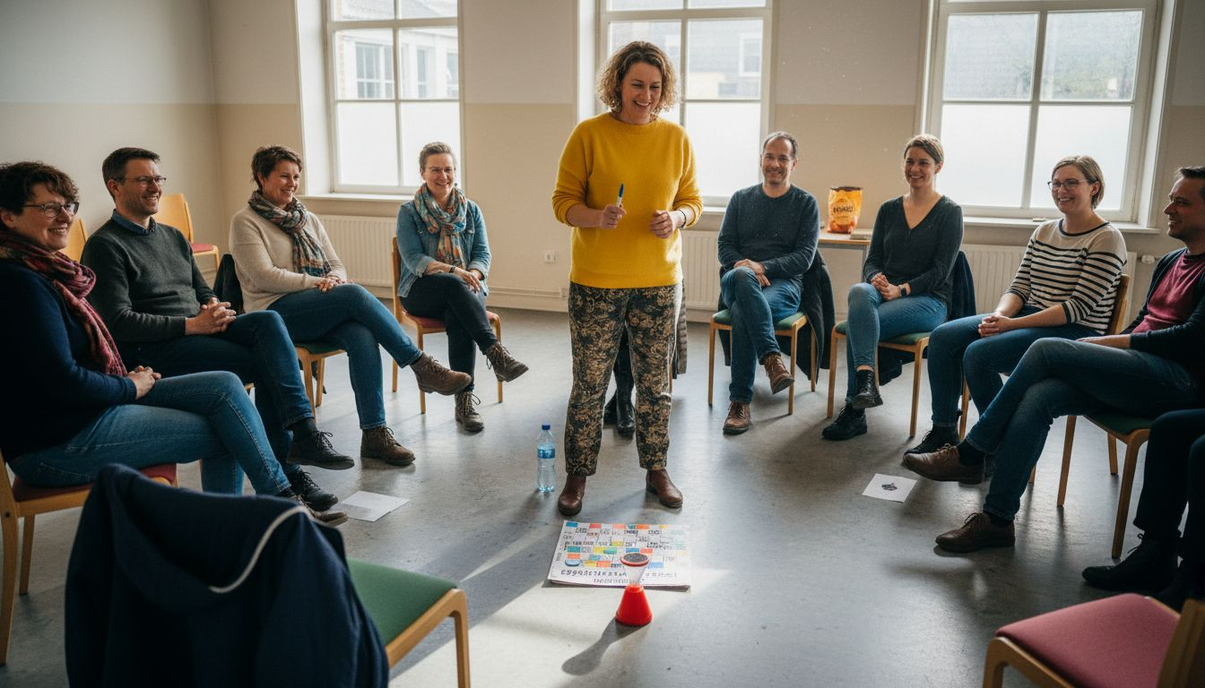 De spelleider begeleidt de groep stap voor stap door het spel.