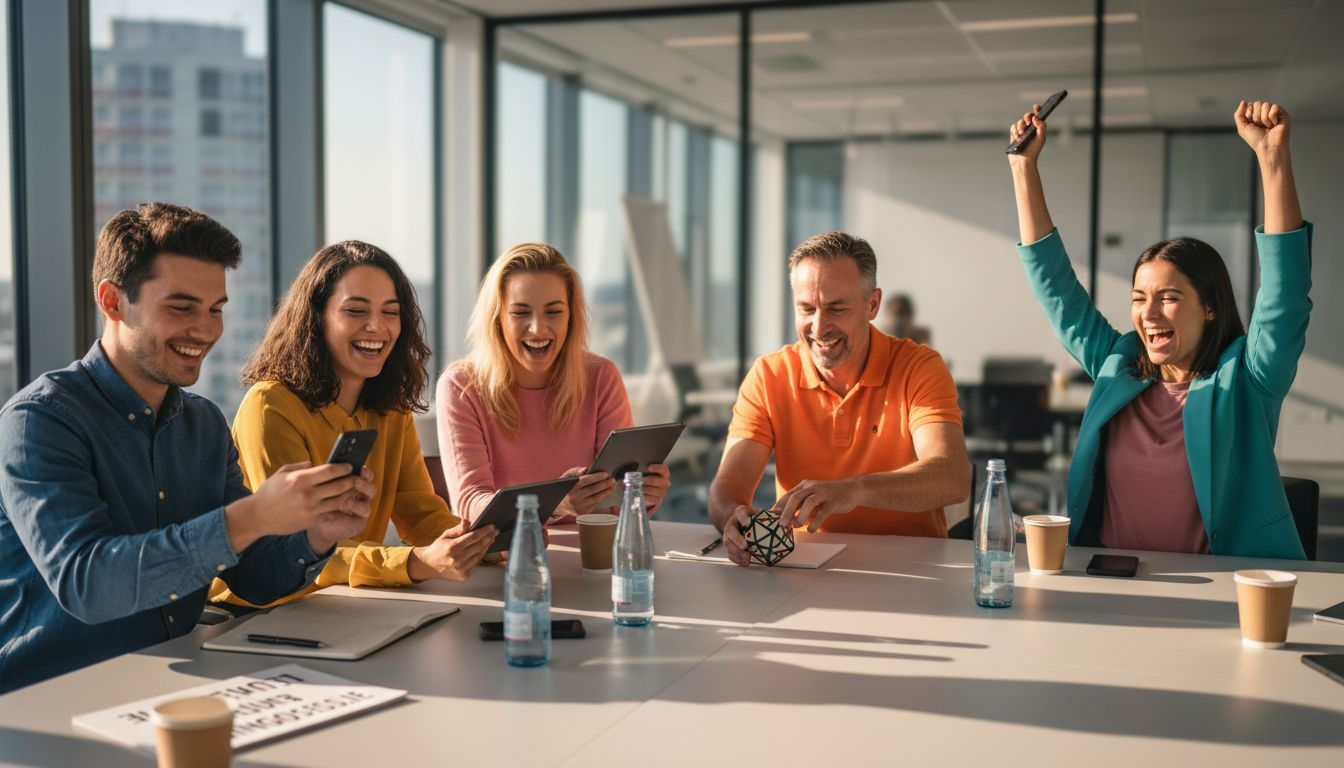 Een groep mensen speelt gezellig bingo rond de vergadertafel.