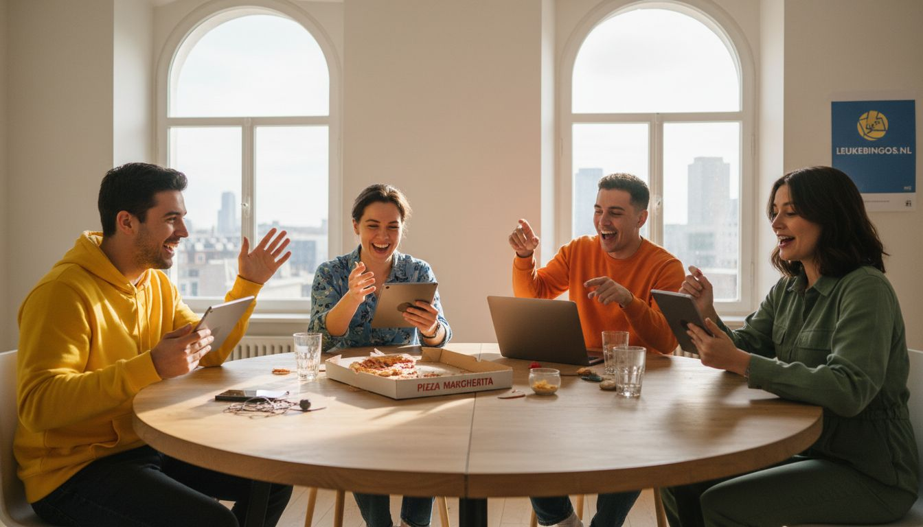 Een groep vrienden zit gezellig rondom de tafel online spellen met elkaar te spelen.