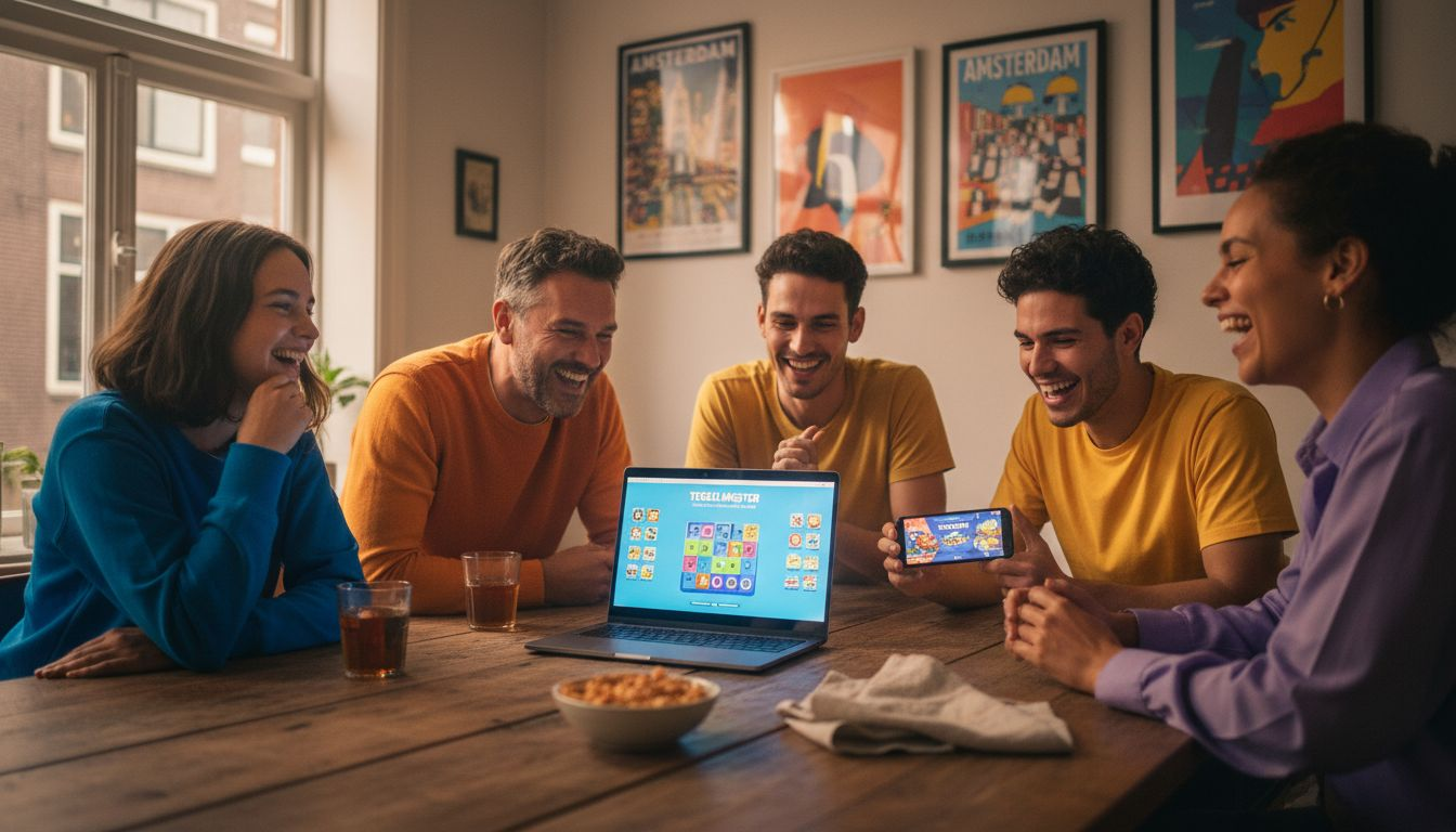 Een groep vrienden zit gezellig samen een online game te spelen.