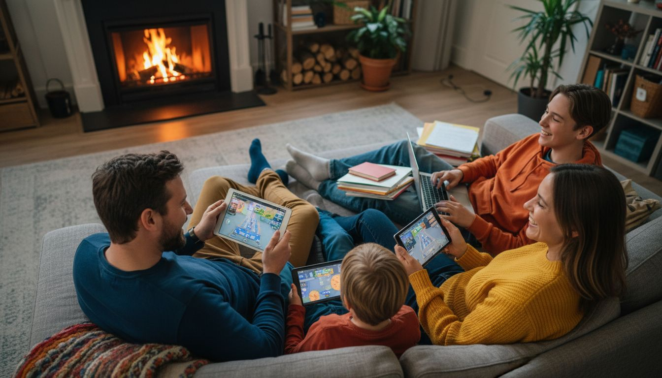 Een gezin speelt samen online spelletjes op verschillende apparaten.