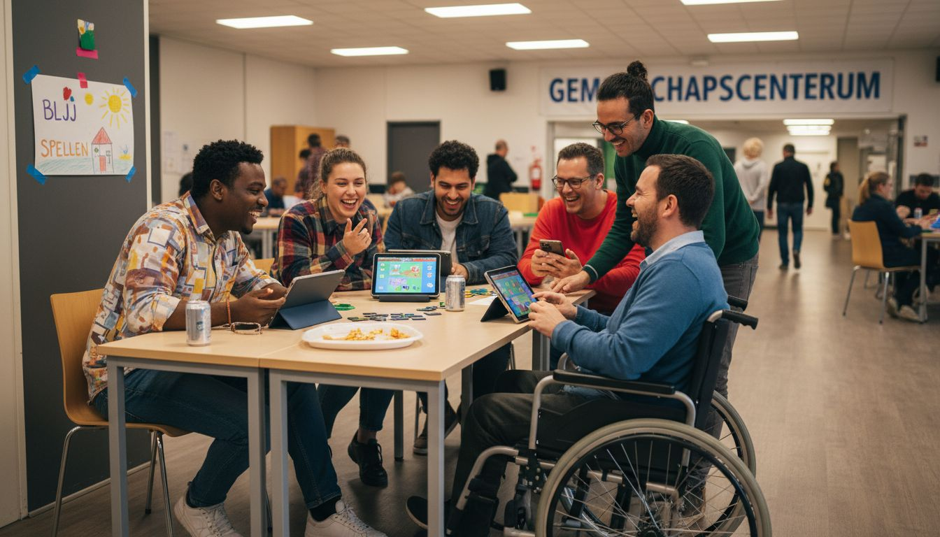 Een gevarieerd gezelschap geniet samen van een laagdrempelig spel.