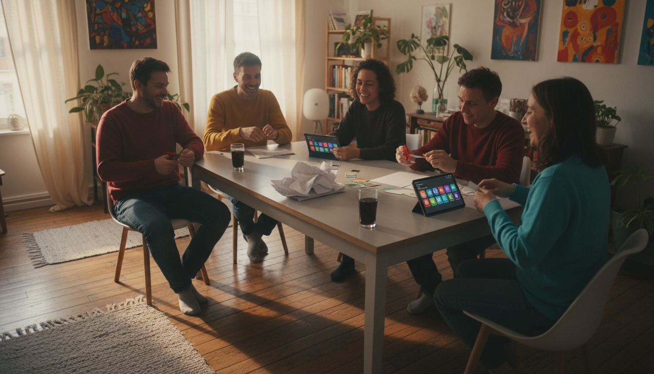 Een groep volwassenen is bezig met het uitknippen van printbare spelletjes.