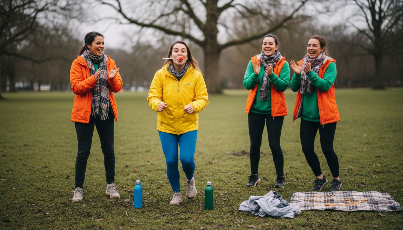 In het stadspark zijn volwassenen enthousiast aan het spelen en bewegen.