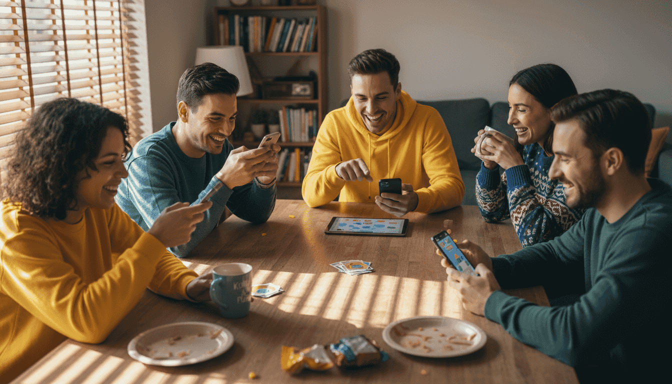 Een groep volwassenen doet gezellig mee aan een simpel spel.