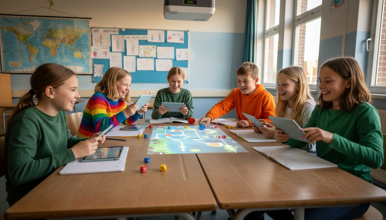 Leerlingen werken samen aan een gezellig spelletje in de klas.