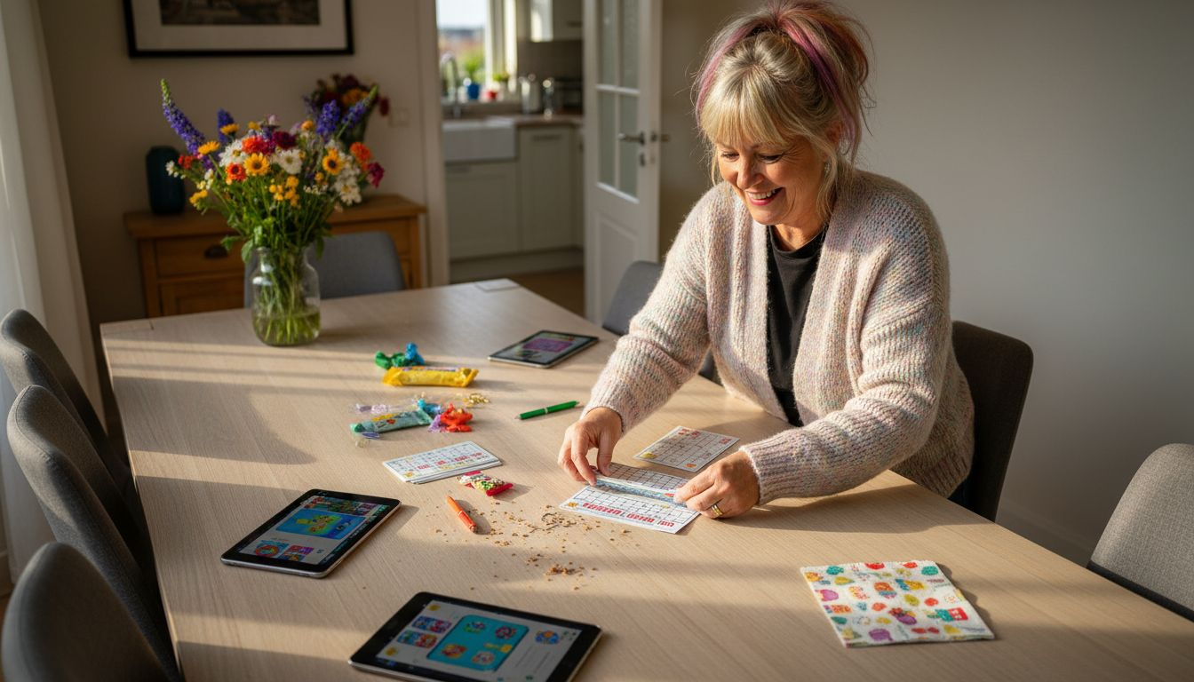 Thuis legt een vrouw alles klaar voor een gezellige bingoavond.