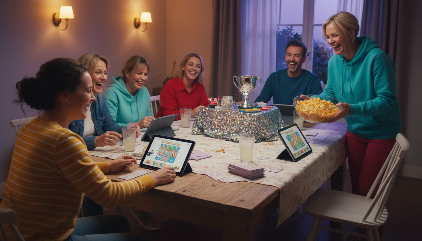 Met z’n allen gezellig aan de eettafel voor een potje bingo thuis.