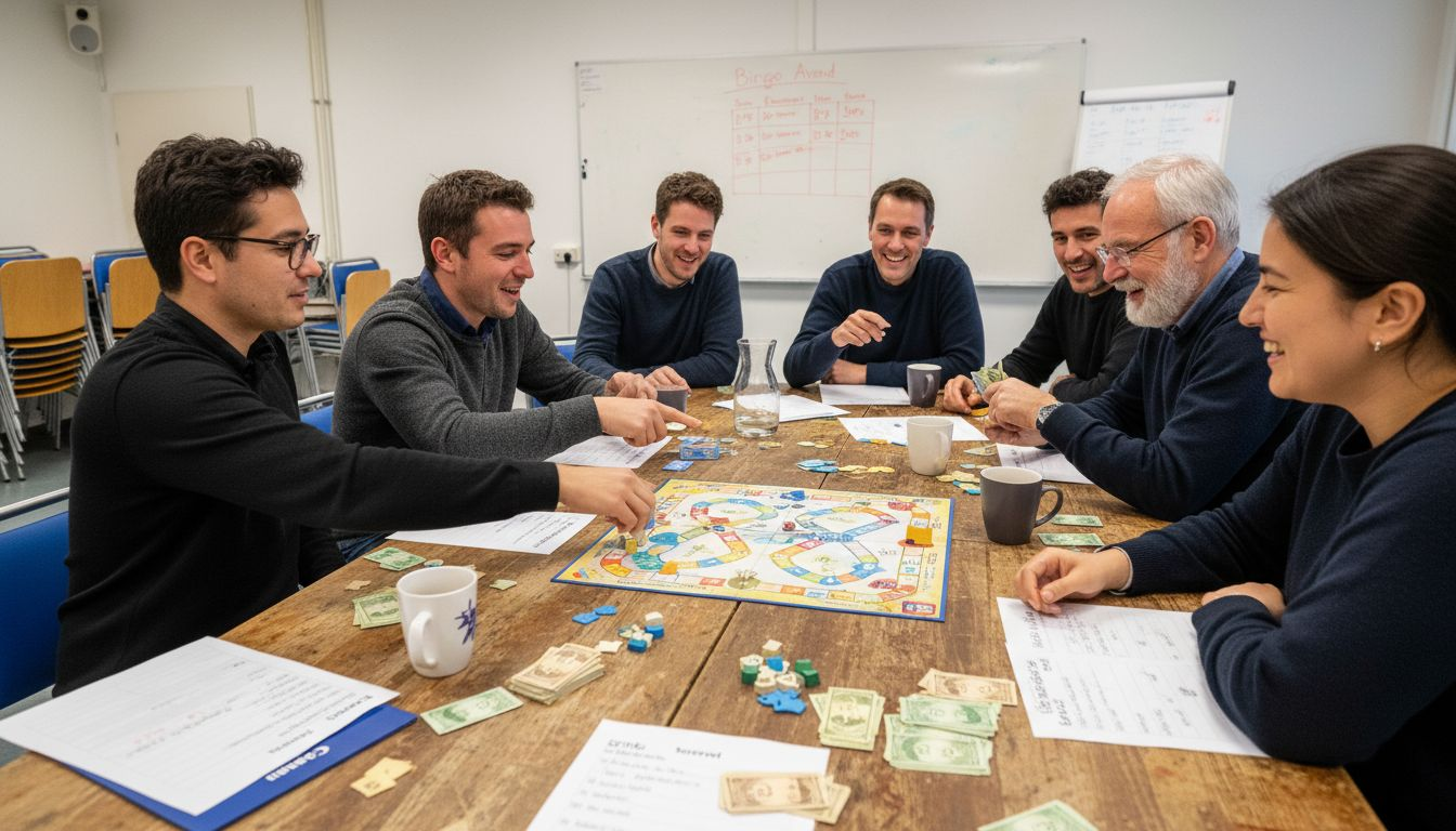 Volwassenen zitten samen aan tafel en doen een educatief spel.