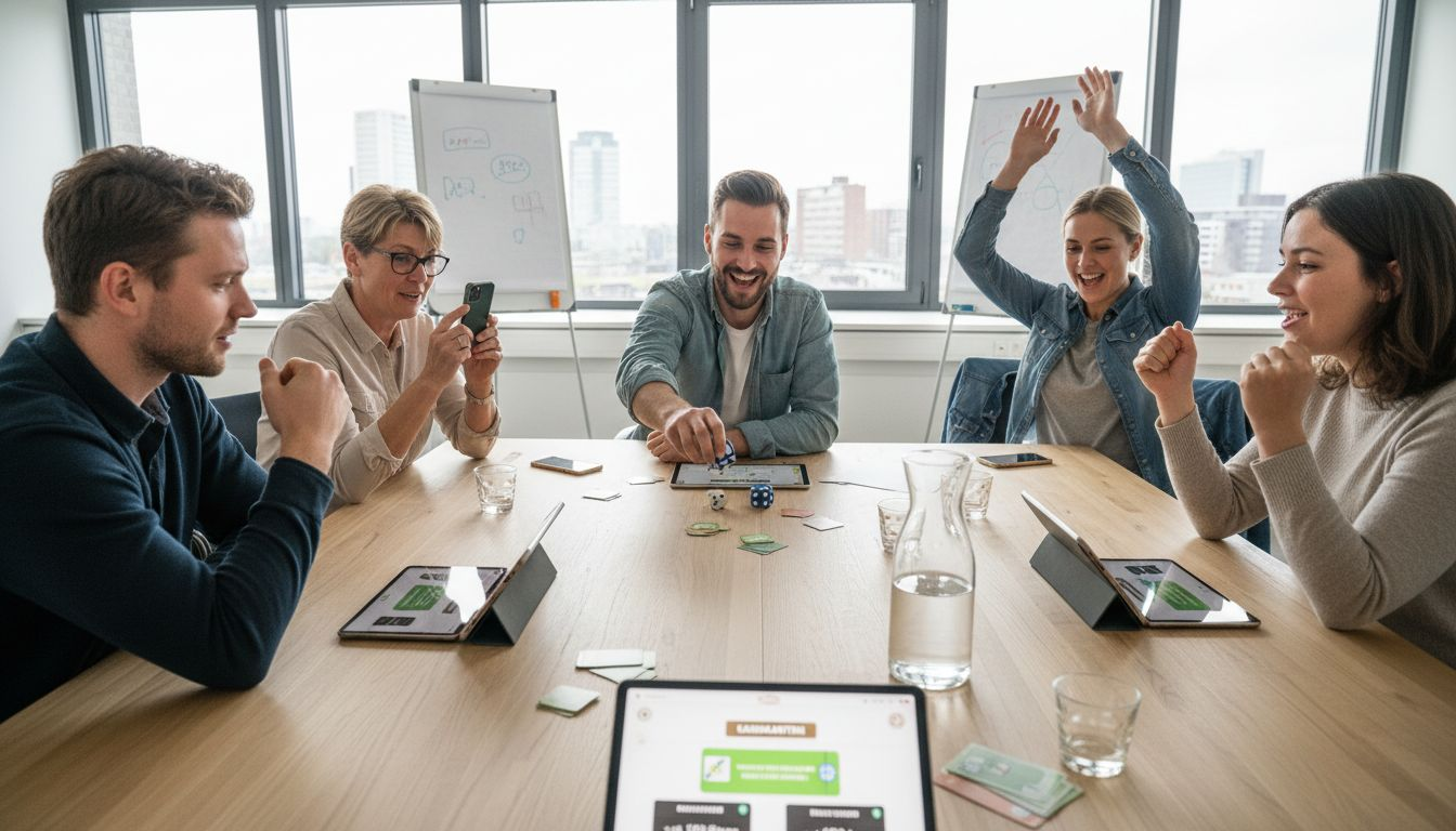 In een vergaderzaal zitten volwassenen samen rond de tafel voor een educatief bordspel.