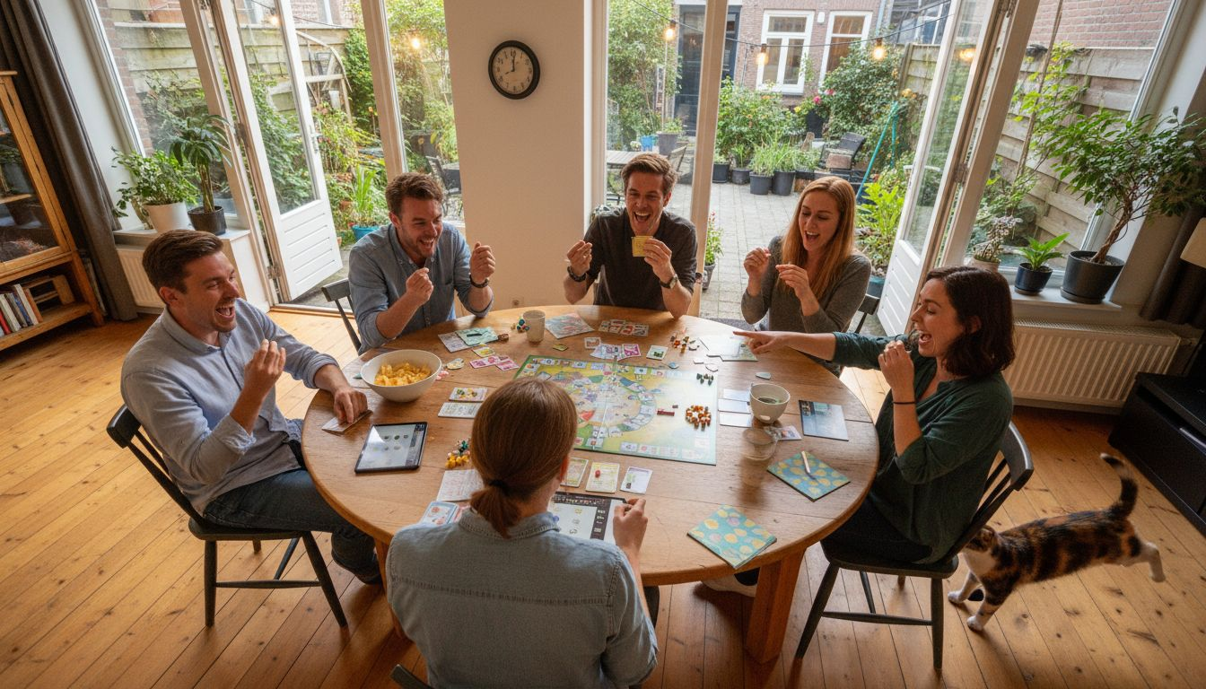 Tijdens een gezellig feestje thuis speelt een groep samen een spelletje.