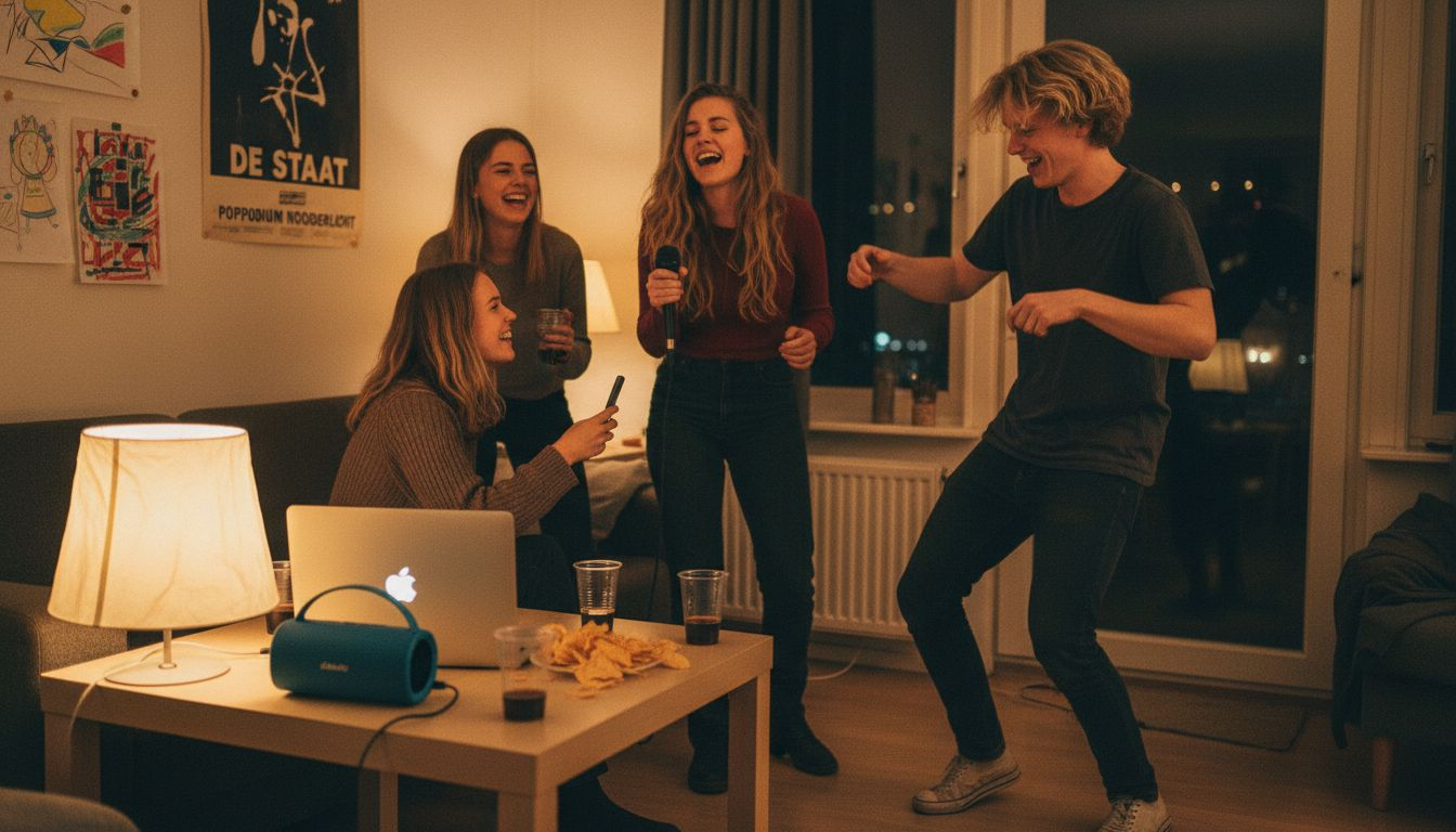 Samen met vrienden zingen we karaoke en doen we leuke dansspelletjes.