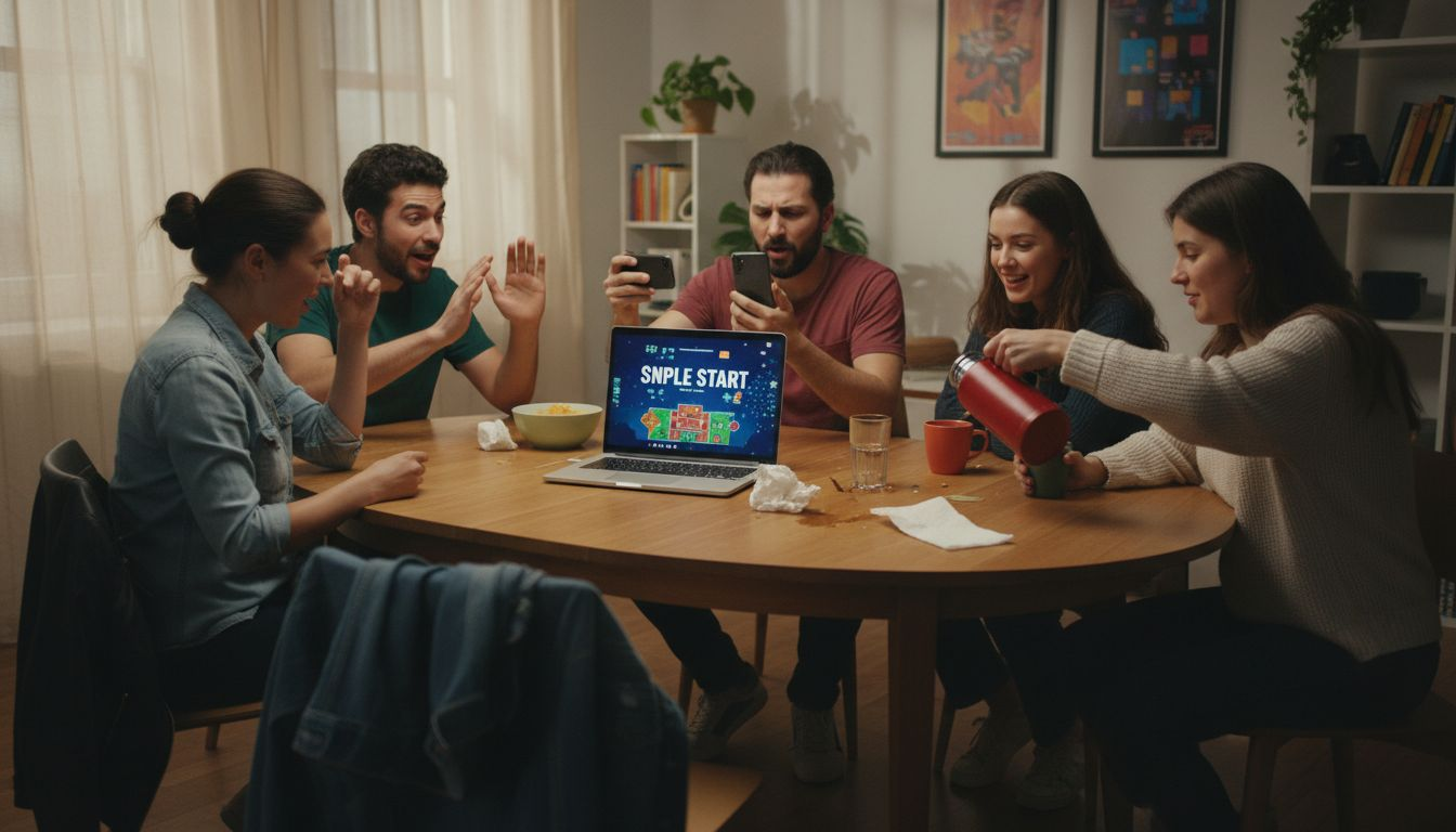 Een groep vrienden start een online spel terwijl ze gezellig aan de keukentafel zitten.