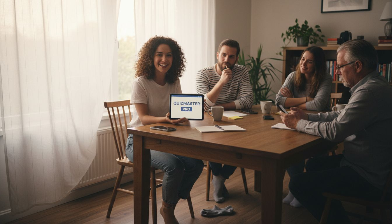 De quizmaster stelt een vraag aan de groep vrienden.