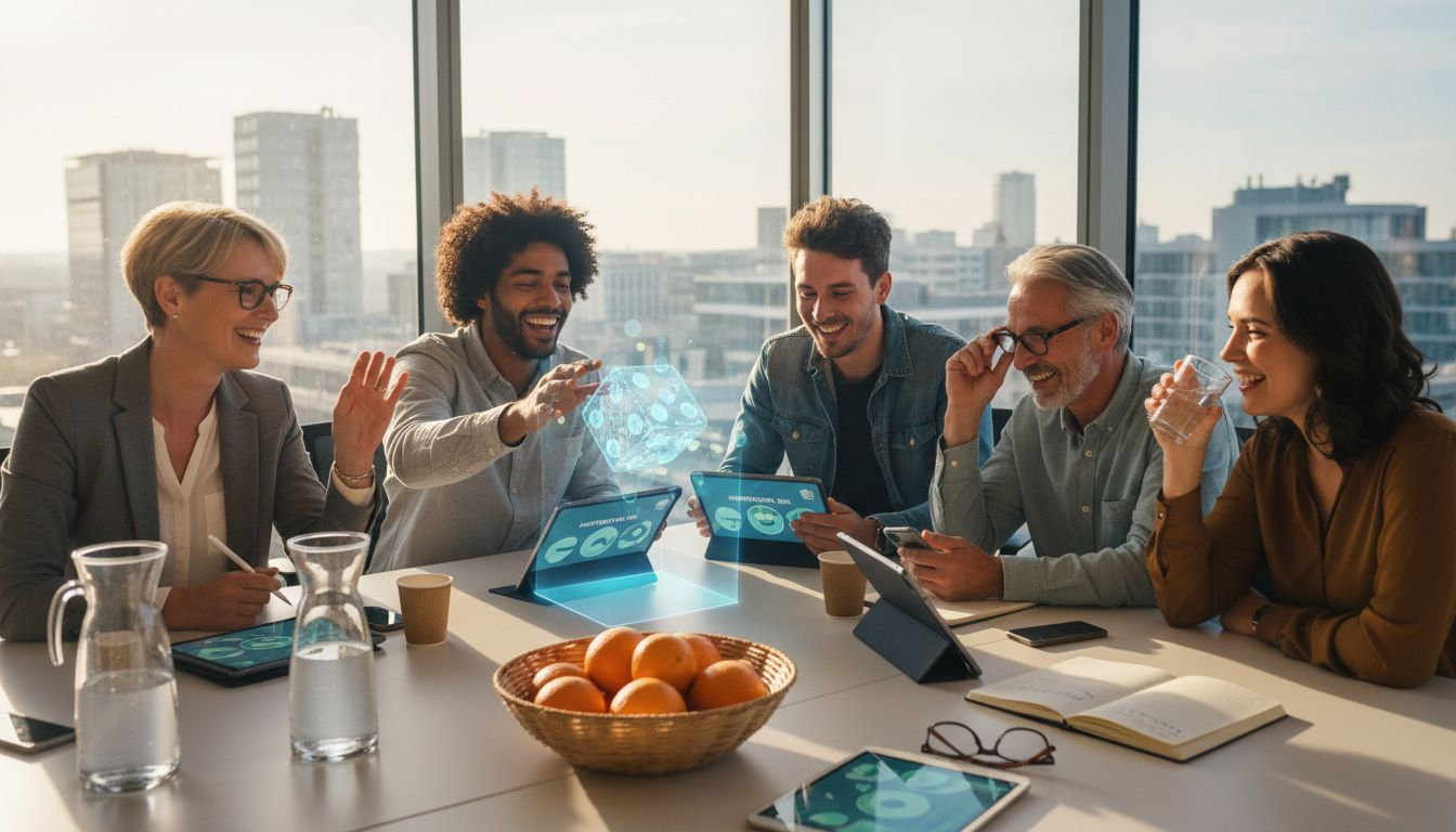 Tijdens de vergadering doen collega’s enthousiast mee aan een groepsspel rond de tafel.