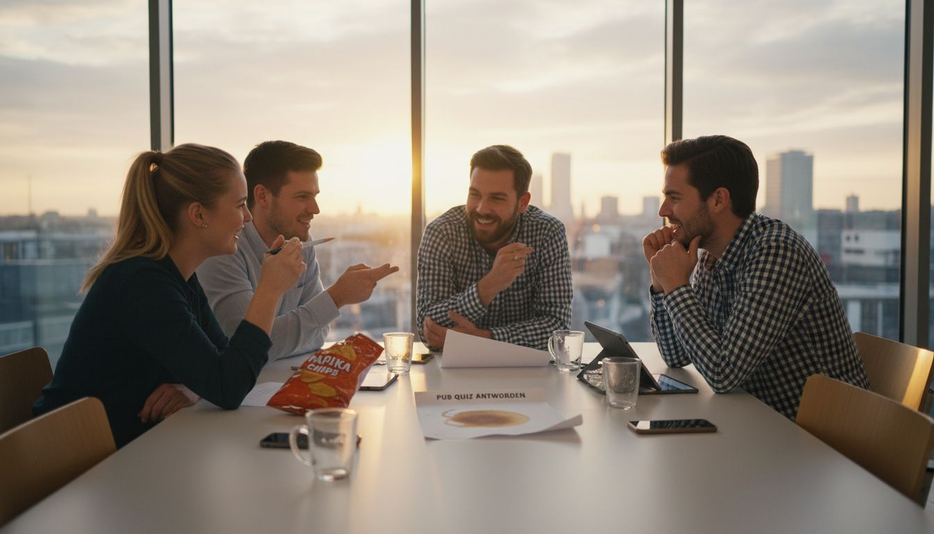 Het team steekt de koppen bij elkaar tijdens een gezellige pubquiz op kantoor.
