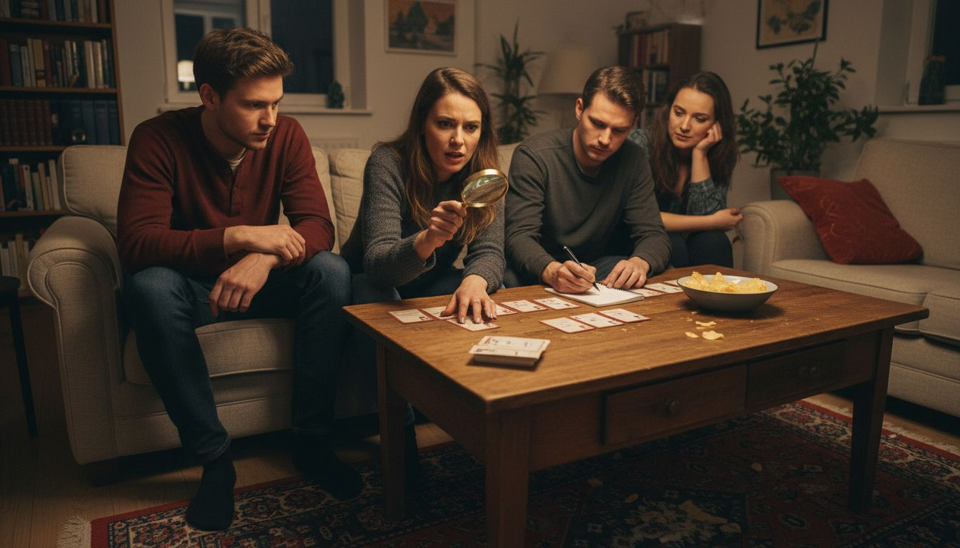 Een groep vrienden gaat helemaal op in een spannend moordmysterie spel.