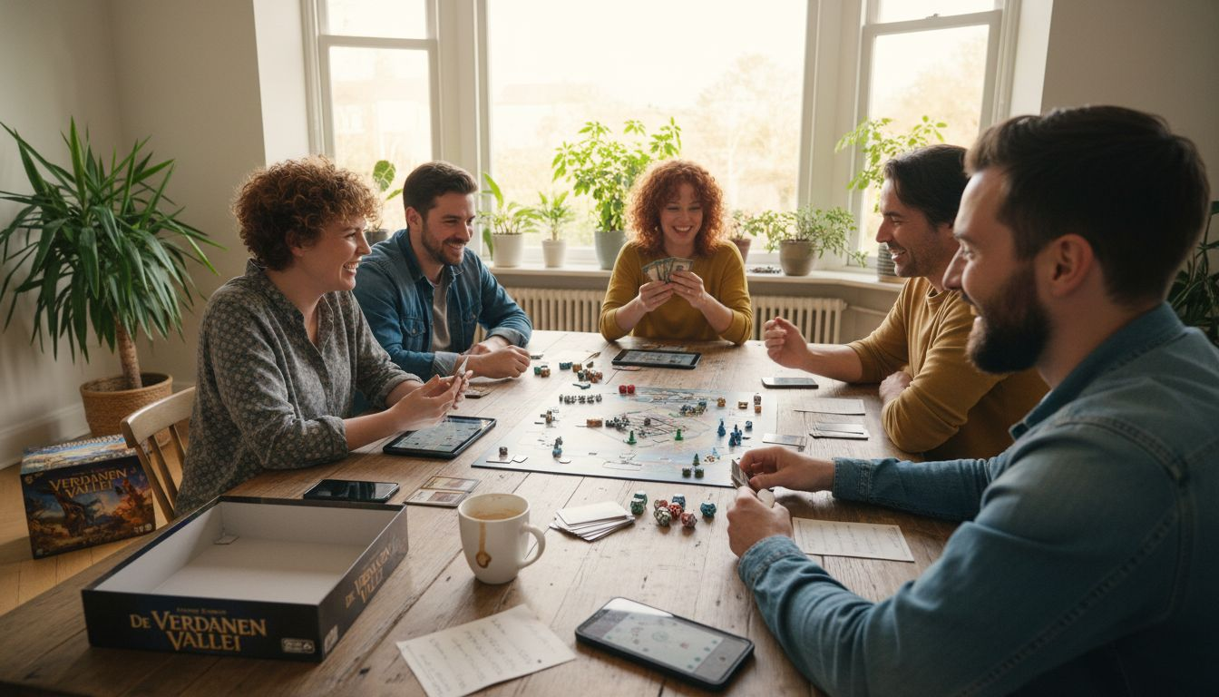 Een groep volwassenen zit gezellig samen rond de tafel en speelt een bordspel met een thema.