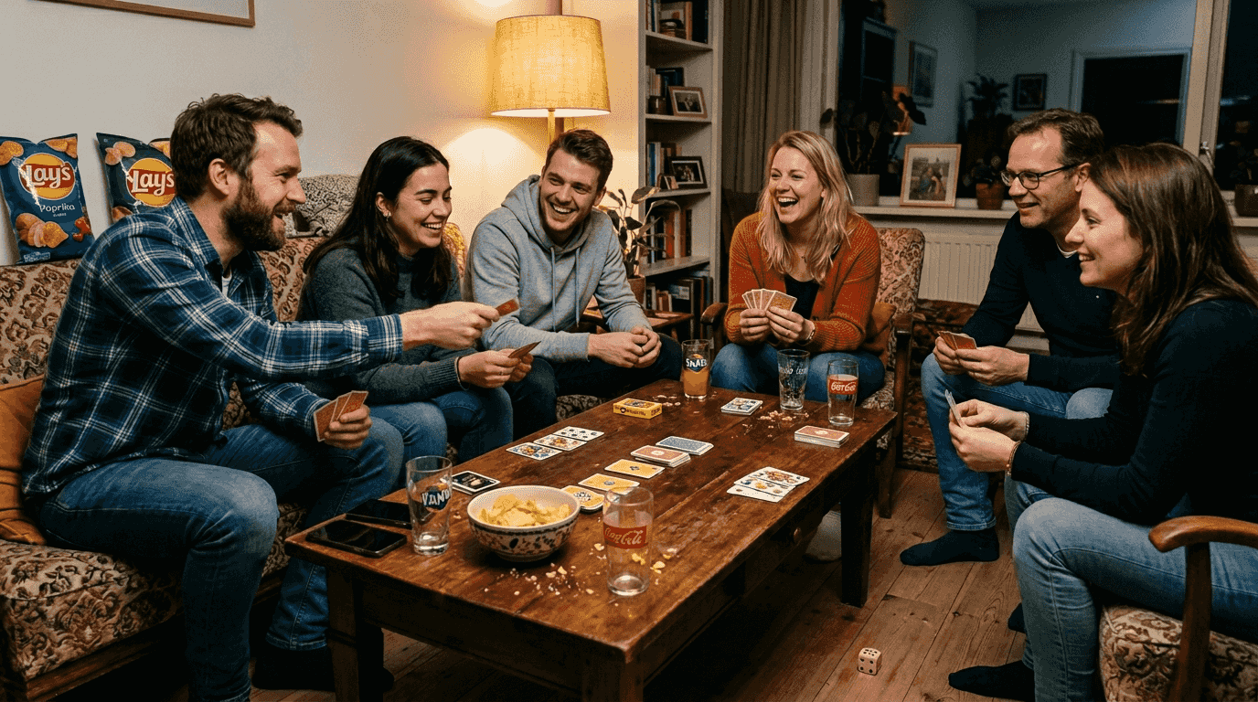 Een groep volwassenen is gezellig samen een interactief kaartspel aan het spelen.