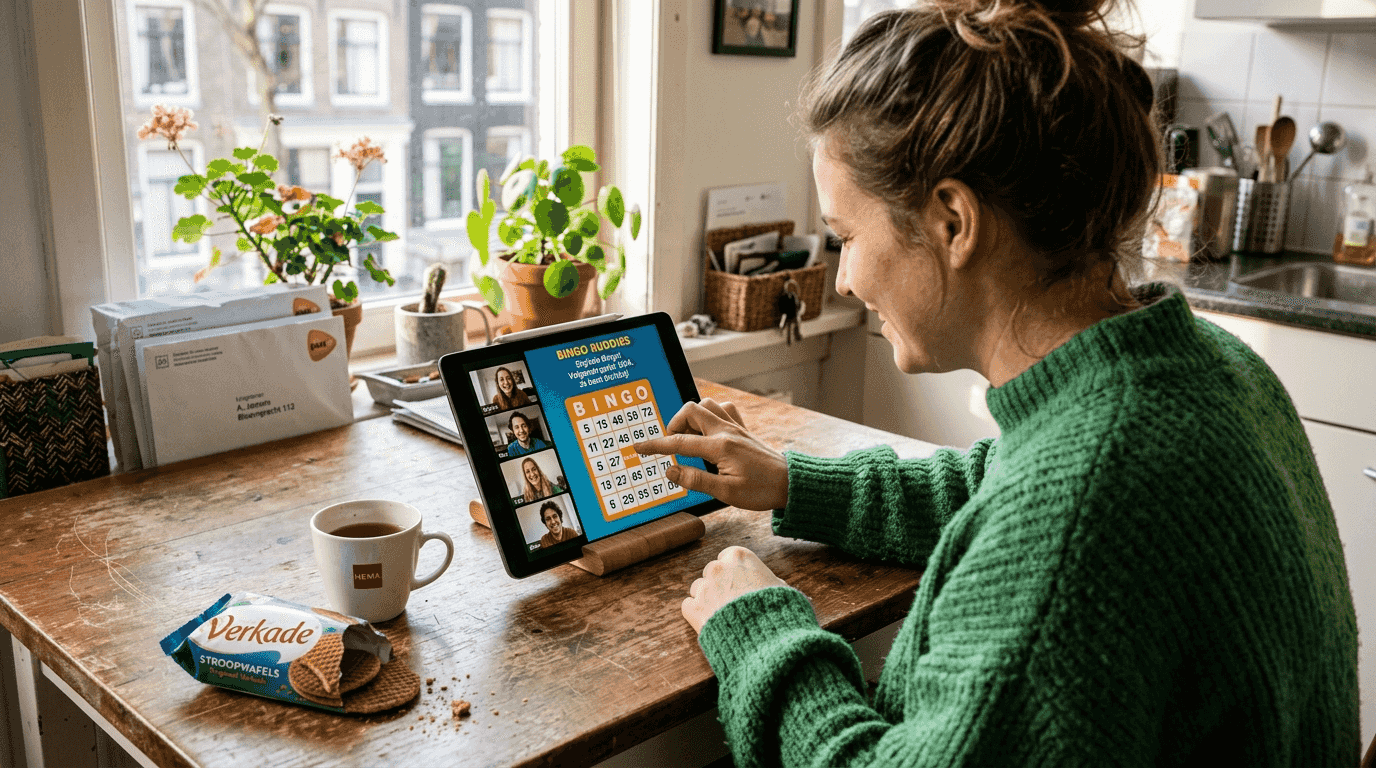 Een vrouw zit aan de keukentafel gezellig digitaal bingo te spelen op haar laptop.