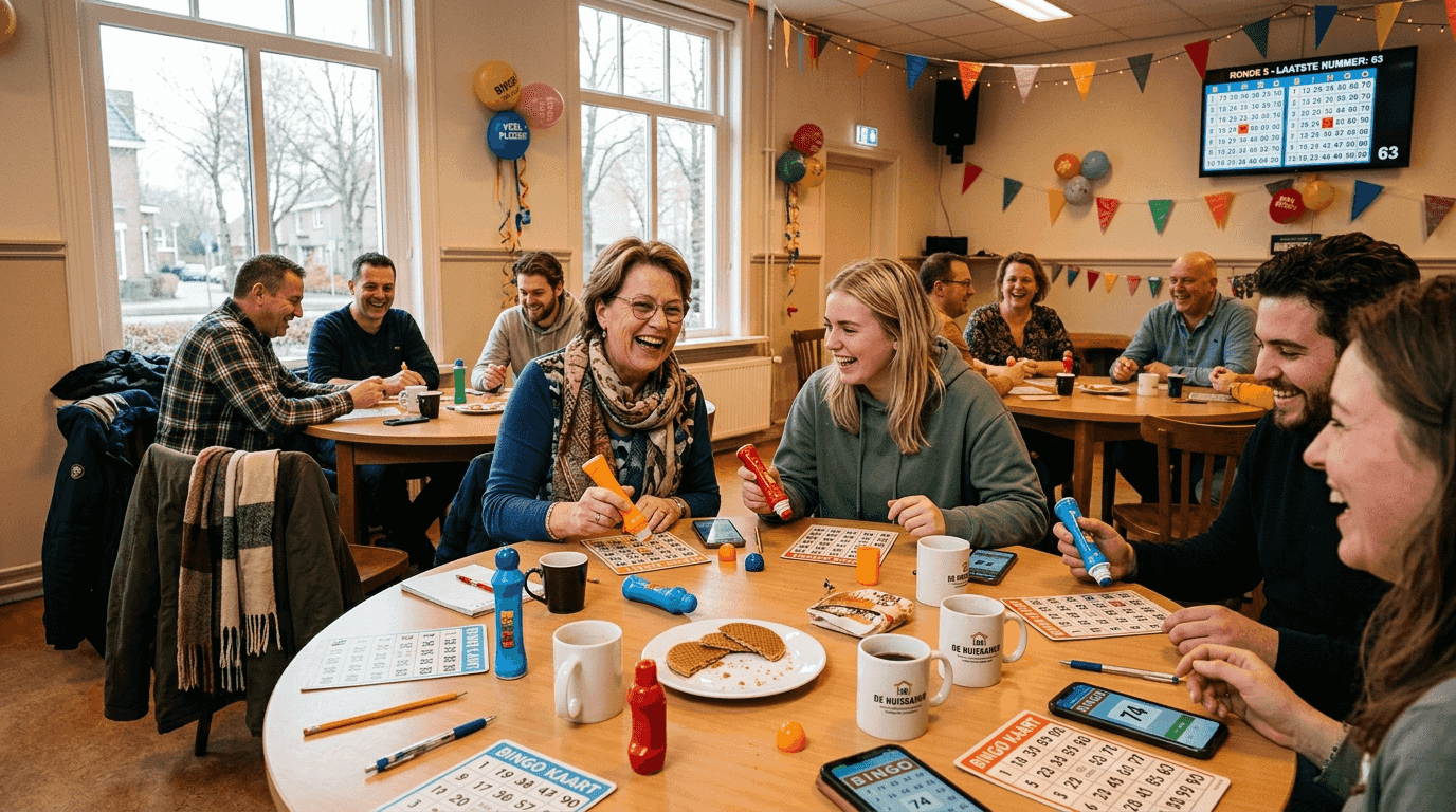 Een gezellige groep mensen die samen bingo speelt tijdens een feestelijke avond.