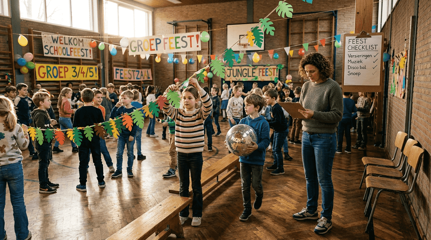 Kinderen zijn druk in de weer met het maken van versieringen voor het schoolfeest, helemaal in hetGoals van het gekozen thema.