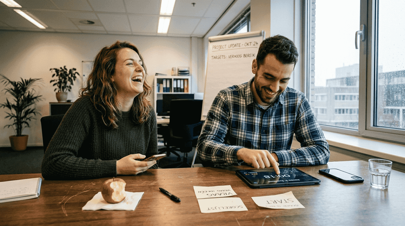 Collega’s barsten in lachen uit nadat ze samen een spelletje hebben gewonnen.