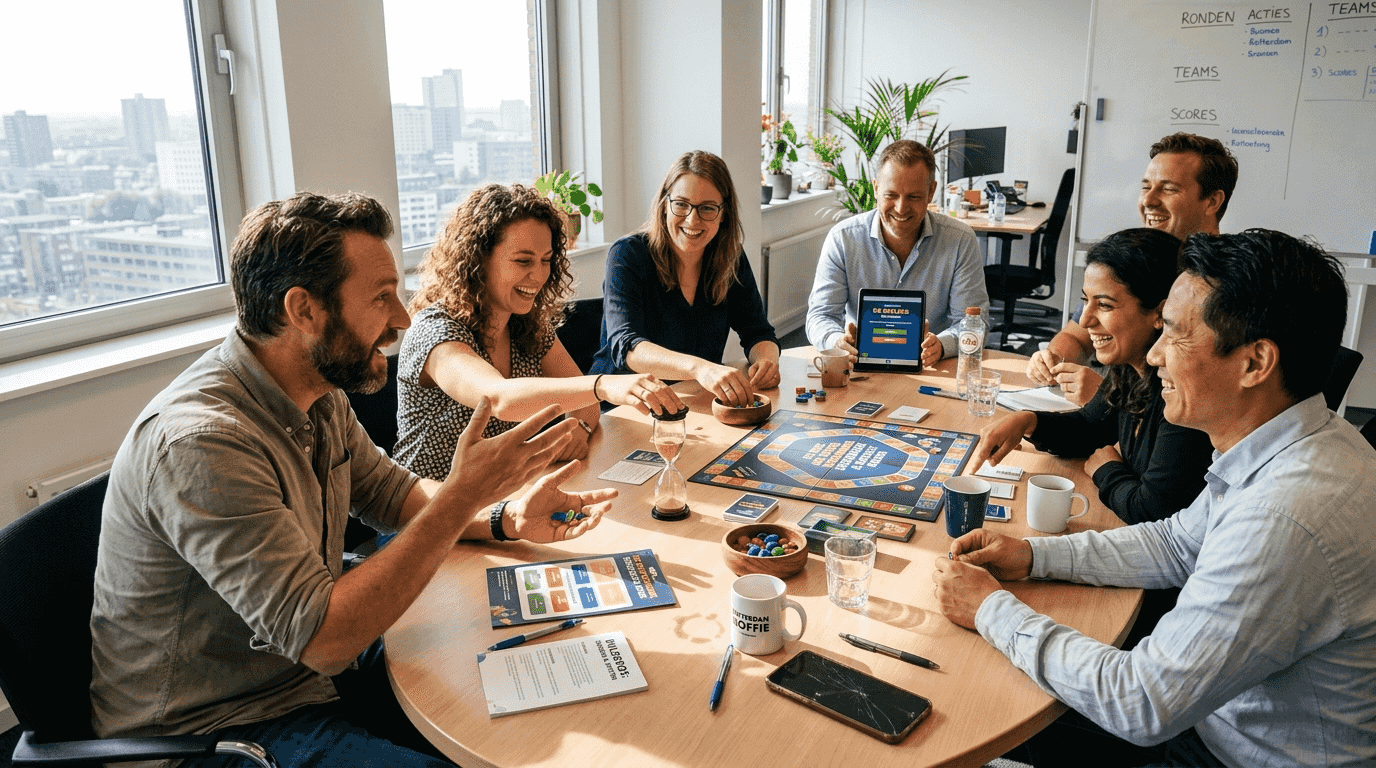Het team begint een spelronde op kantoor.