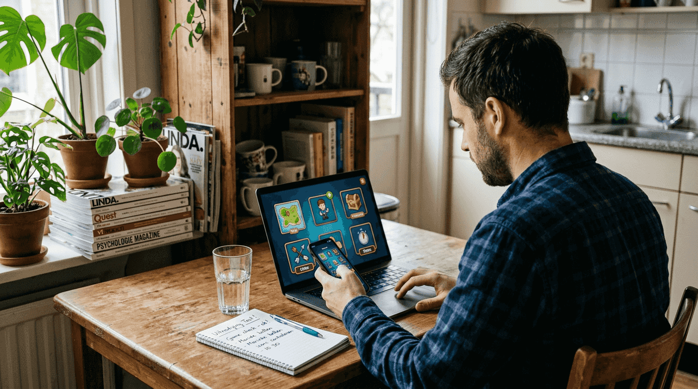 Man probeert digitaal uitnodigingsspel uit aan de keukentafel