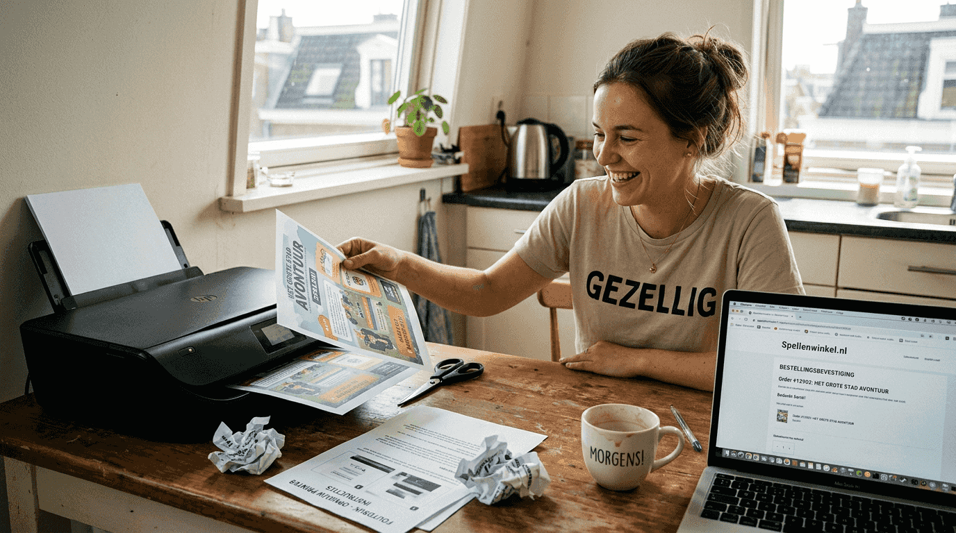 Vrouw werkt aan spelprint midden in de chaos van een rommelige keukentafel