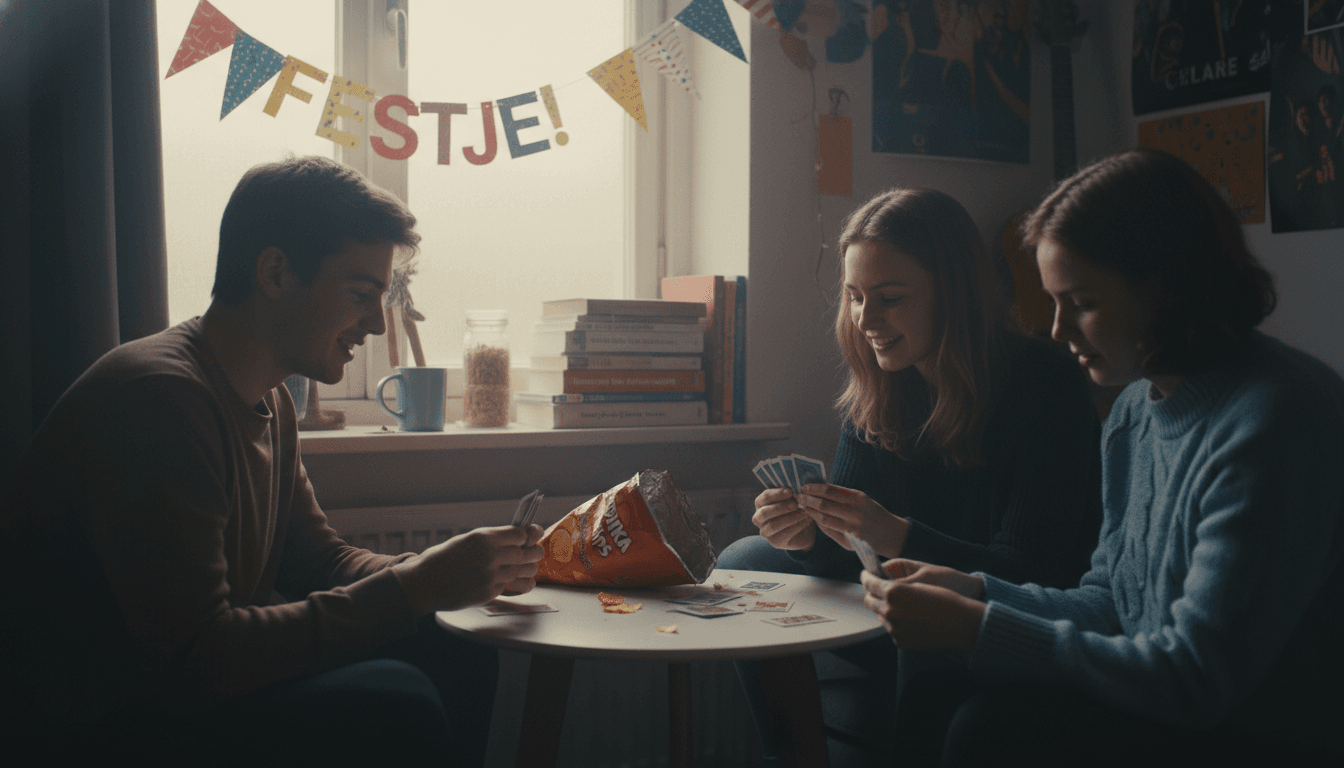 Drie mensen zitten samen een spelletje te doen aan een klein tafeltje.