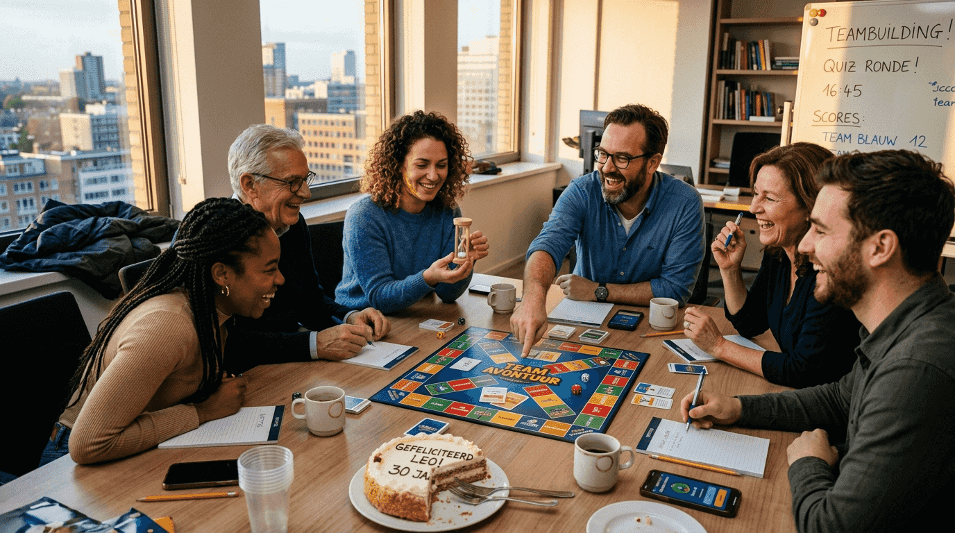 Tijdens het bedrijfsfeest barsten collega’s in lachen uit terwijl ze fanatiek meedoen aan een teamspel.