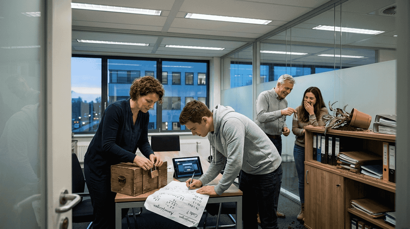 Een groep collega’s probeert samen een escape room op te lossen en brainstormt over de puzzels.