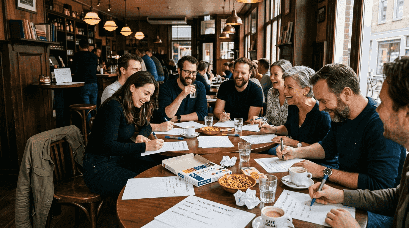 Een groep vrienden heeft de grootste lol tijdens een gezellige pubquiz in het café.