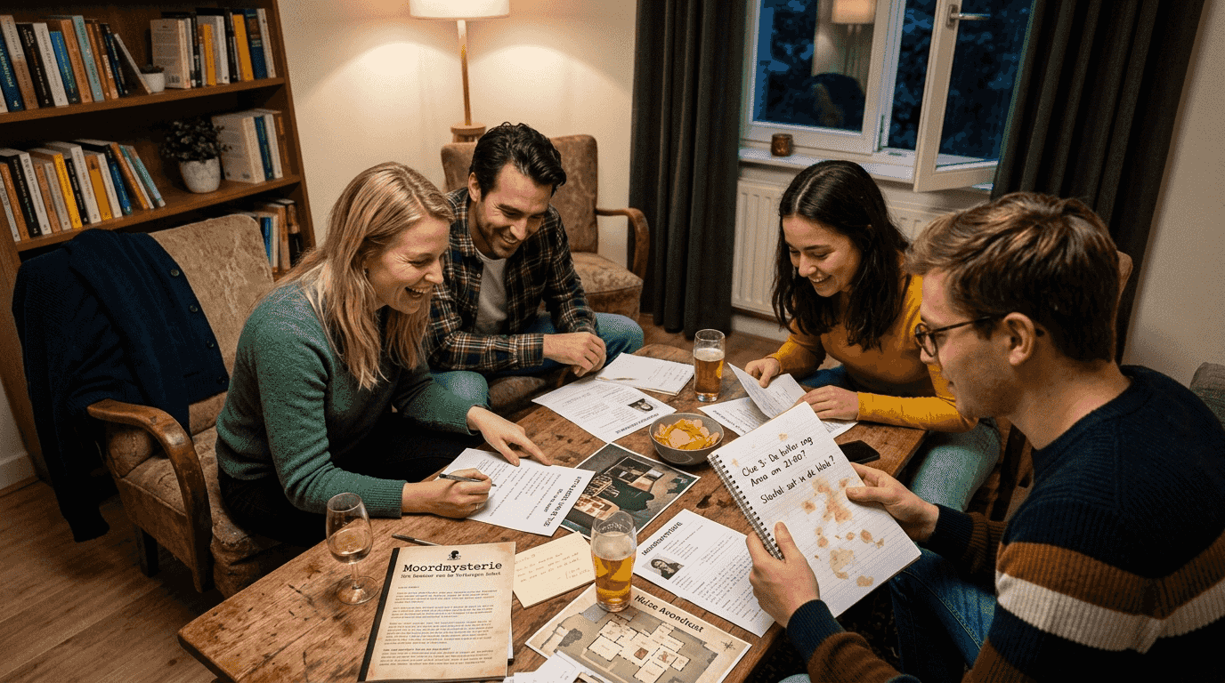 Met z’n allen proberen ze het raadsel op te lossen in de huiskamer.
