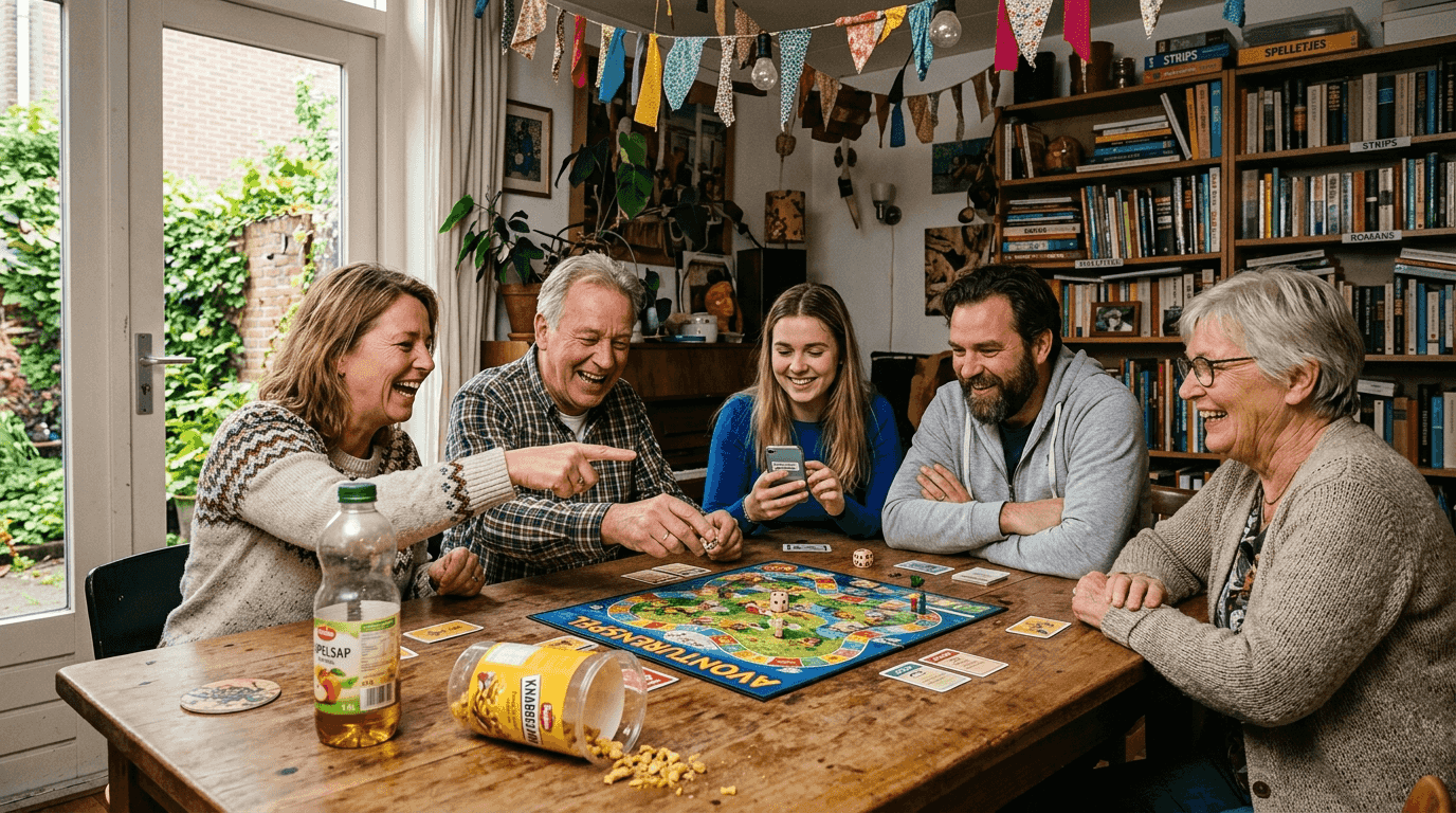 Tijdens het feest zitten de volwassenen gezellig samen aan tafel om een spelletje te doen.