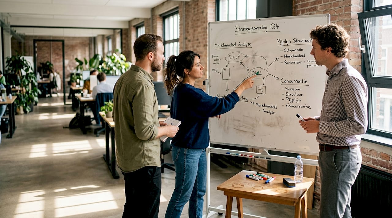 Het team bespreekt samen de strategie bij het whiteboard.