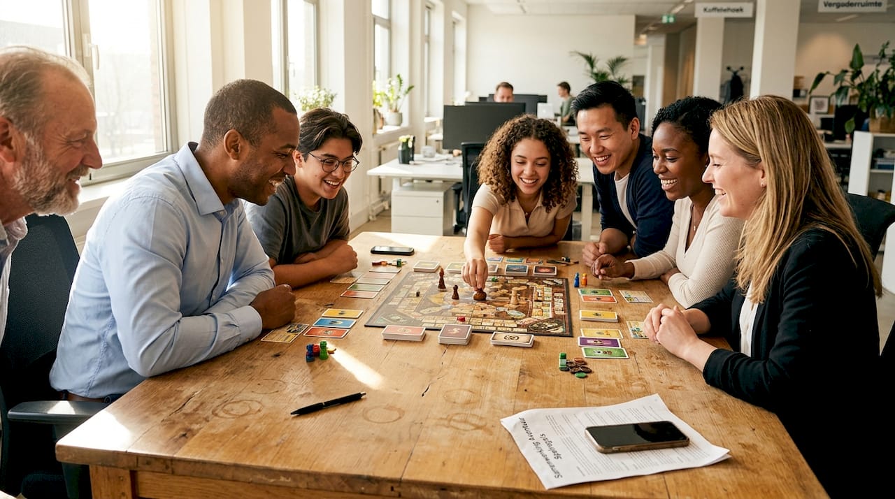 Een team dat samenwerkt rondom een coöperatief bordspel