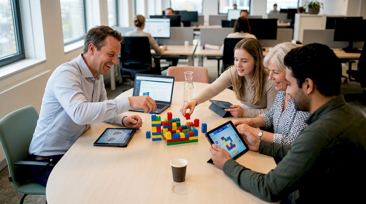 Het team speelt samen een spel aan de vergadertafel.