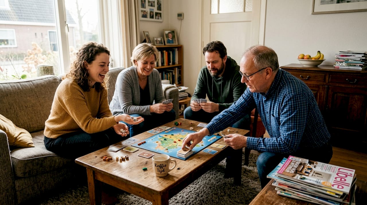 Een groep volwassenen zit gezellig thuis samen een bordspel te spelen.