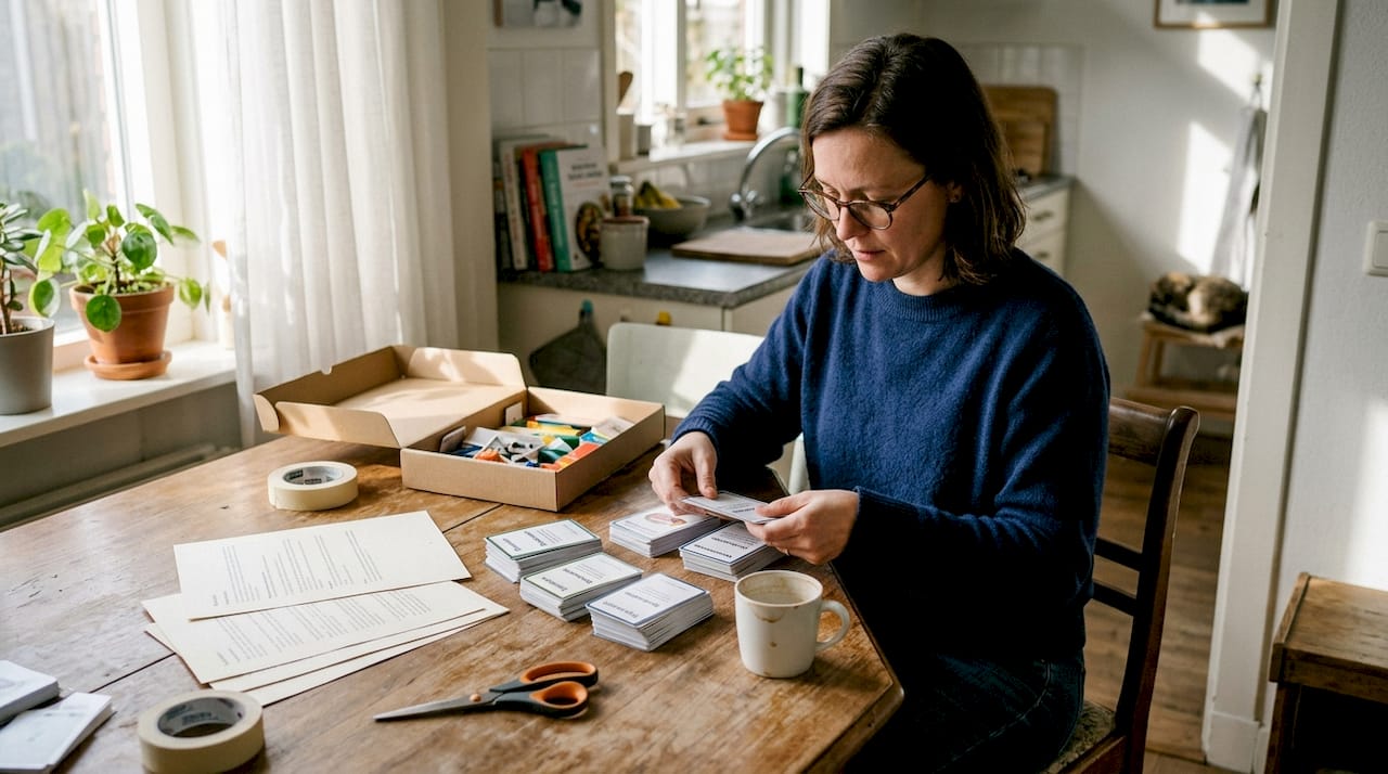 Een vrouw is bezig met het klaarmaken van printbare spelmaterialen.