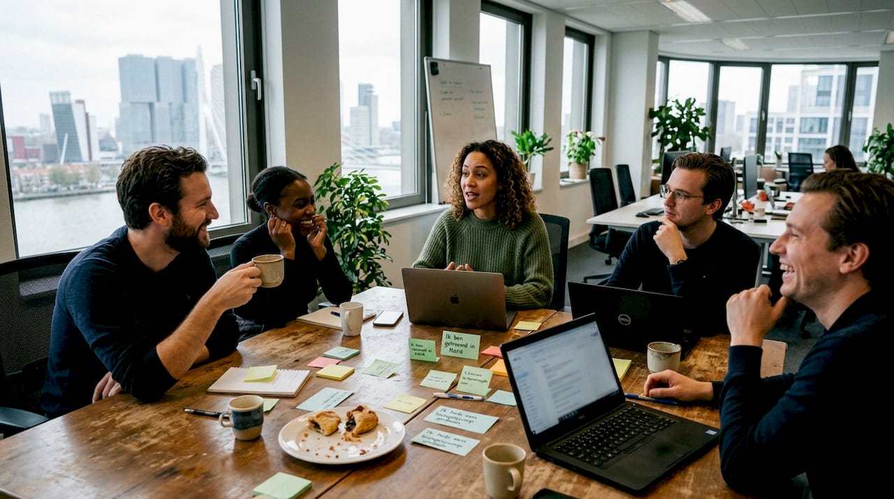 Collega’s doen samen een gezellig teamspel op kantoor.