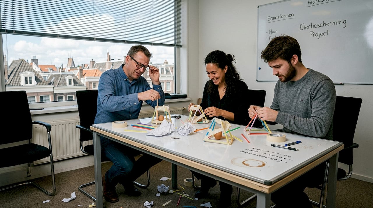 Een team werkt samen aan het bouwen van een constructie waarmee een ei een val kan overleven.