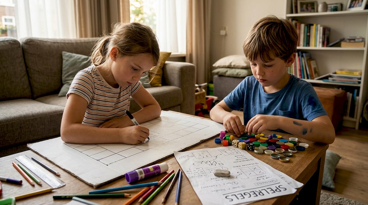 Kinderen zitten samen rond de tafel en bedenken hun eigen bordspel, compleet met zelfgemaakte spelregels en kleurrijke pionnen.